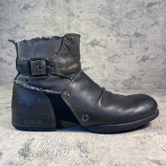 Replay Leather & Denim Deconstructed Biker Ankle Boots Zip Side Moto Boots main image 11